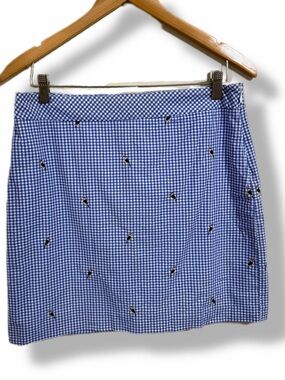 Talbots Petite Blue & White Gingham Toucan/Parrot Embroidered Skirt